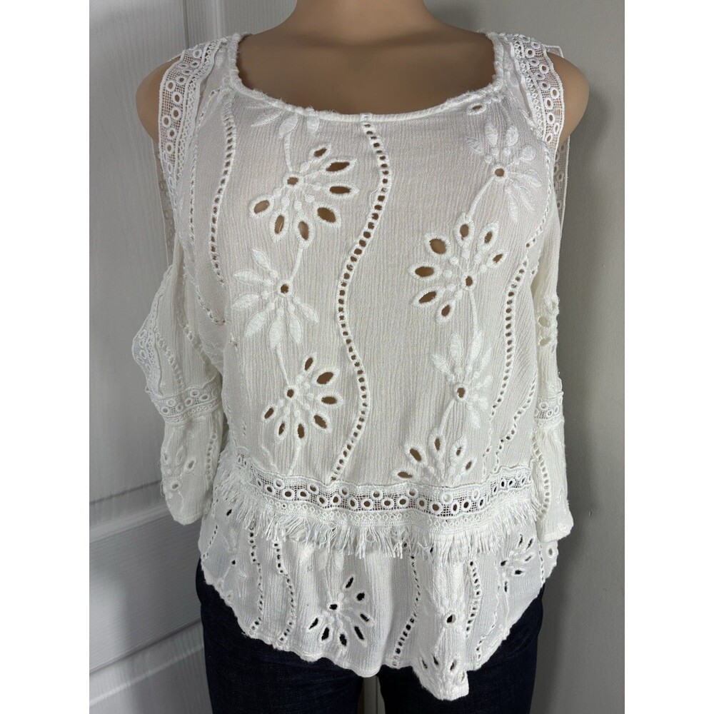 Abbeline Womens Blouse Sz L White Lace Floral Crochet Eyelet Cold Shoulder boho